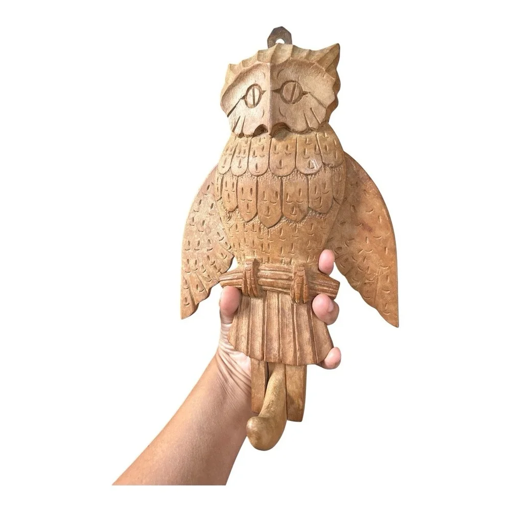 Vintage Hand Carved Wood Owl Wall Hook Articulated Flapping Moving Wings 14